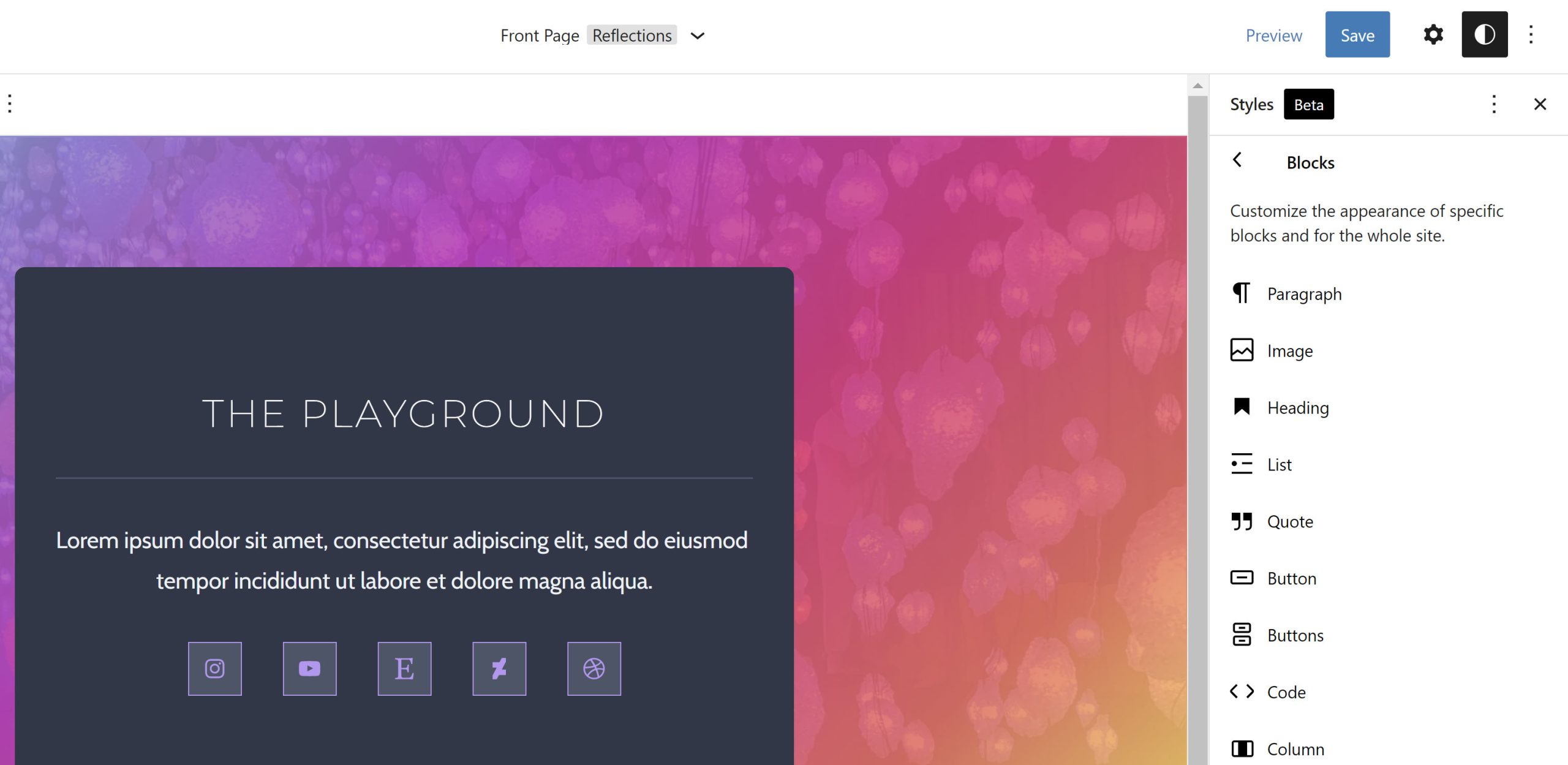 Site editor open with the Global Styles section broken down to the Blocks panel, which lists all of a site's blocks.