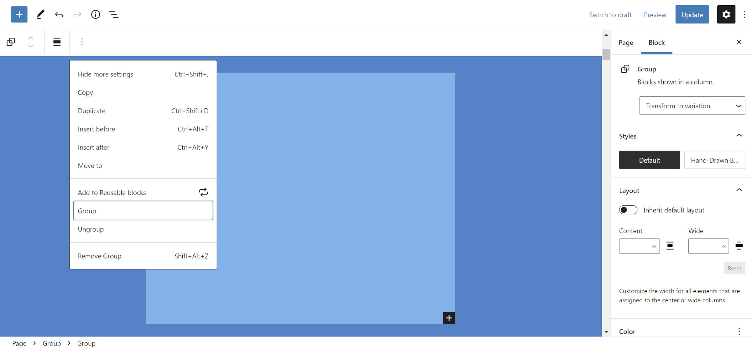 WordPress editor with a Group block nested inside of another.