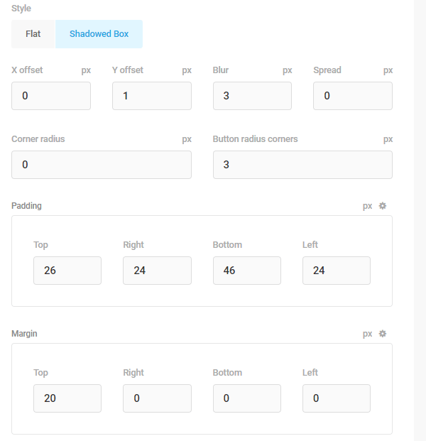 Screenshot of the padding and margin options