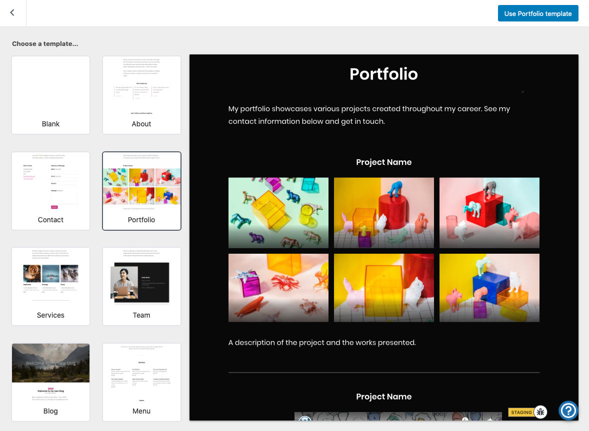 Starter templates or page patterns selector for inserting full-page content into the WordPress editor.