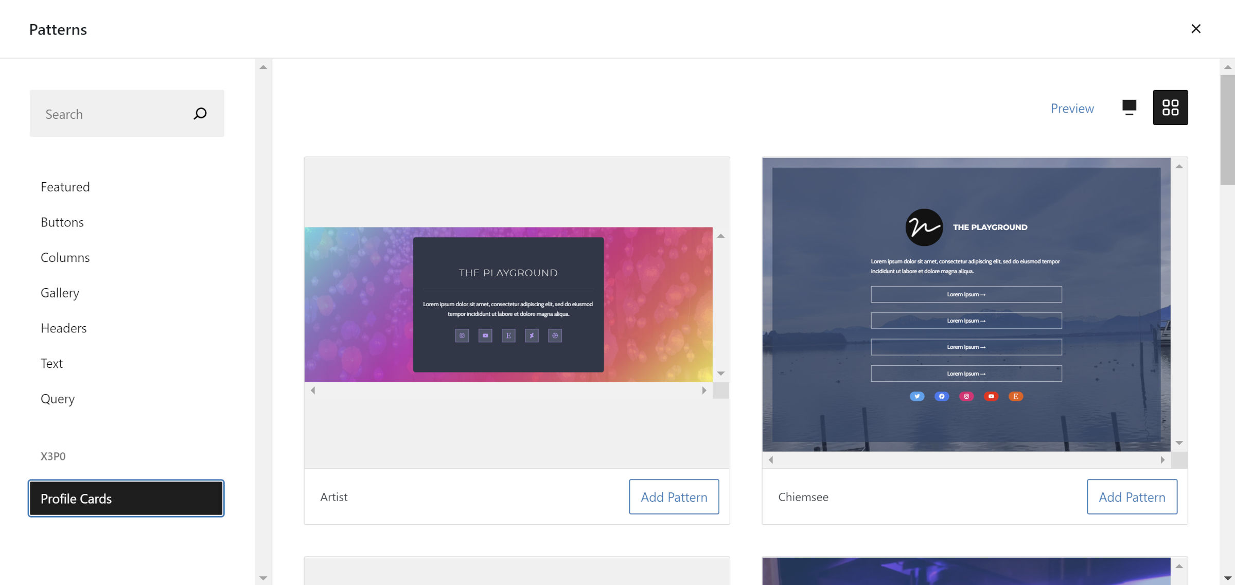 Block pattern explorer opened to a specific block pattern category type.