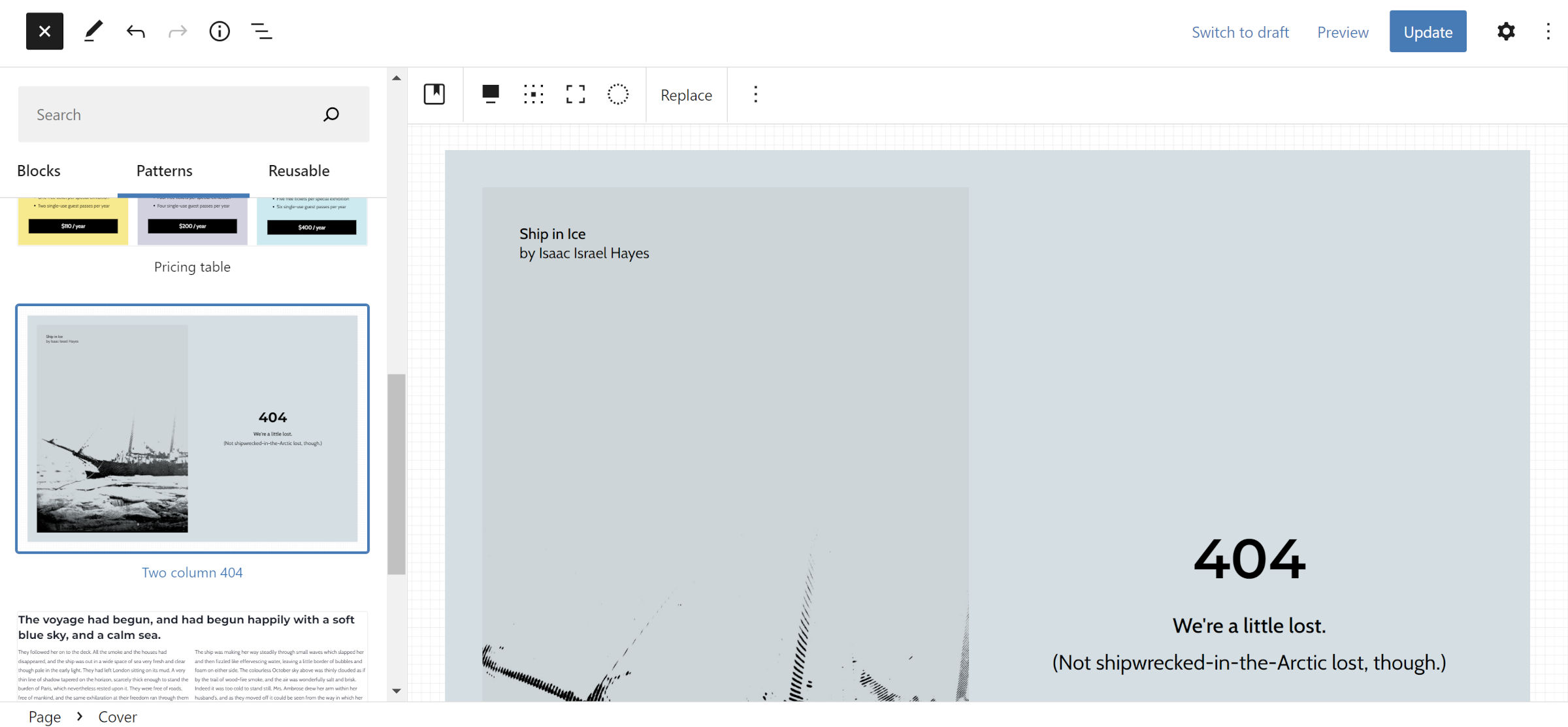 Block editor with a two-column 404 page design.
