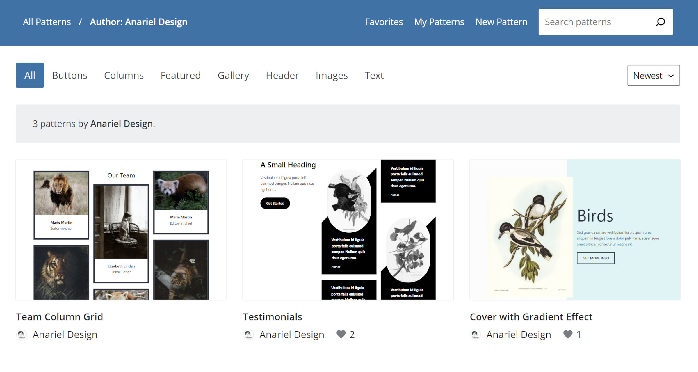 Showcase of a specific author's block patterns from the block-pattern directory.  Displays three patterns in a grid.