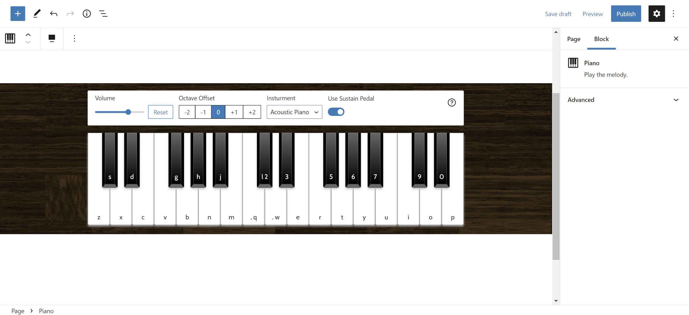 WordPress block editor open with a Piano Block inserted into the content canvas.  It has a few options for changing the volume, octave, instrument, and sustain pedal.  The keys are mapped to computer keys.