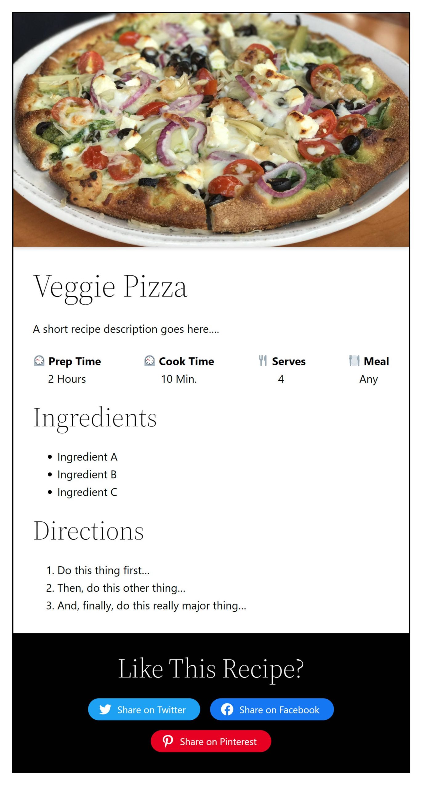 A recipe card with an image of a pizza at the top. Following that is a title, description, ingredients list, directions list, and social sharing section.
