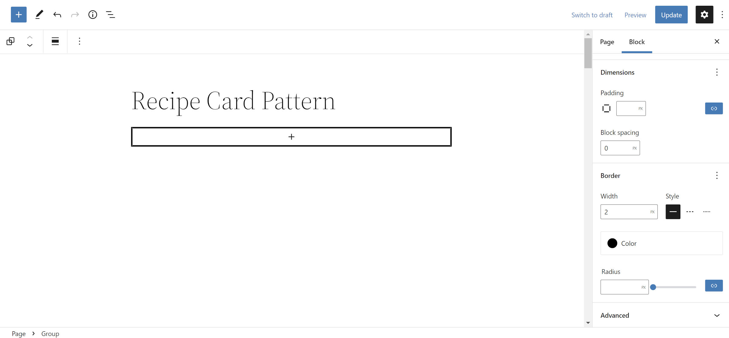 WordPress block editor with a Group block inserted. It has a 2px black border.