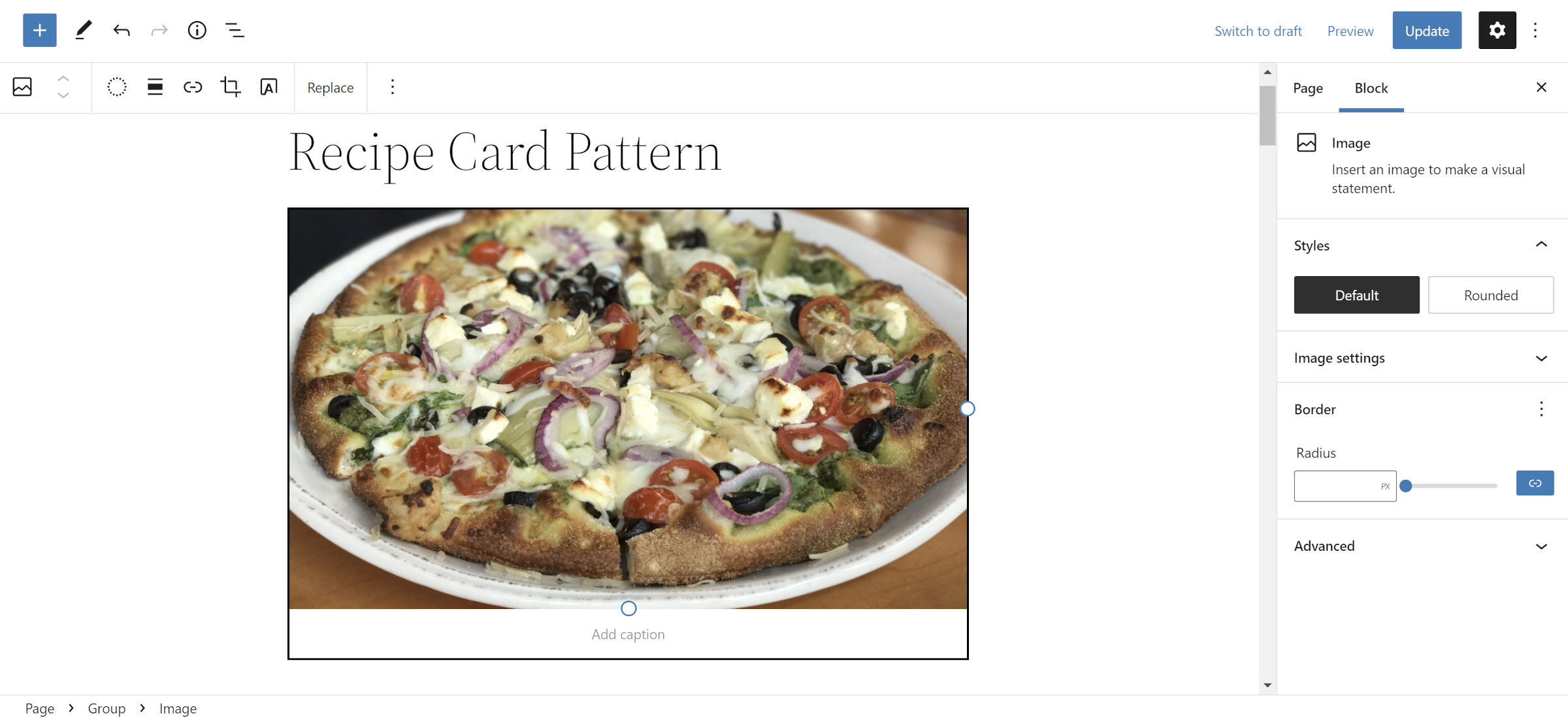 WordPress block editor with an Image block placed inside of a Group block.