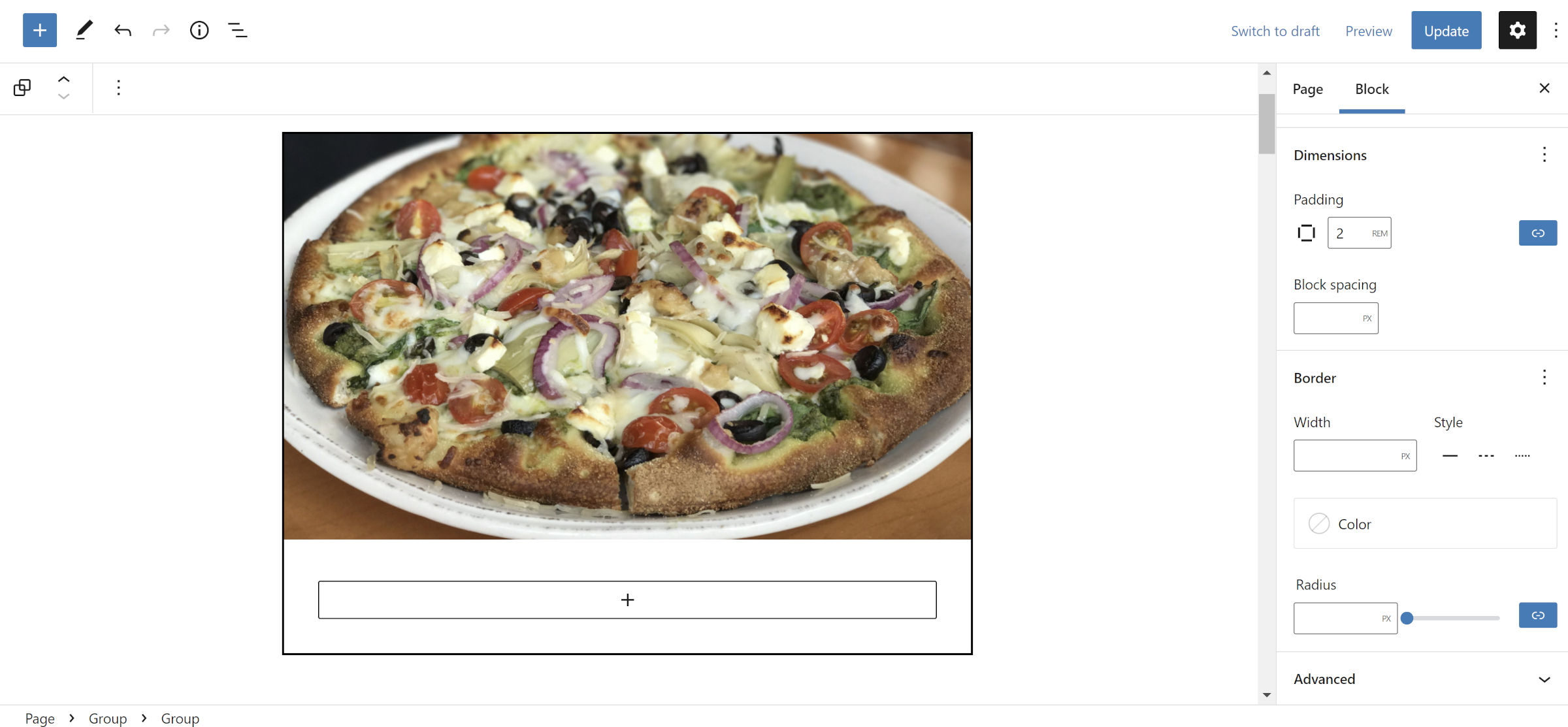 A recipe card in the block editor. At the top is an image of a pizza. Below it is a padded Group block.
