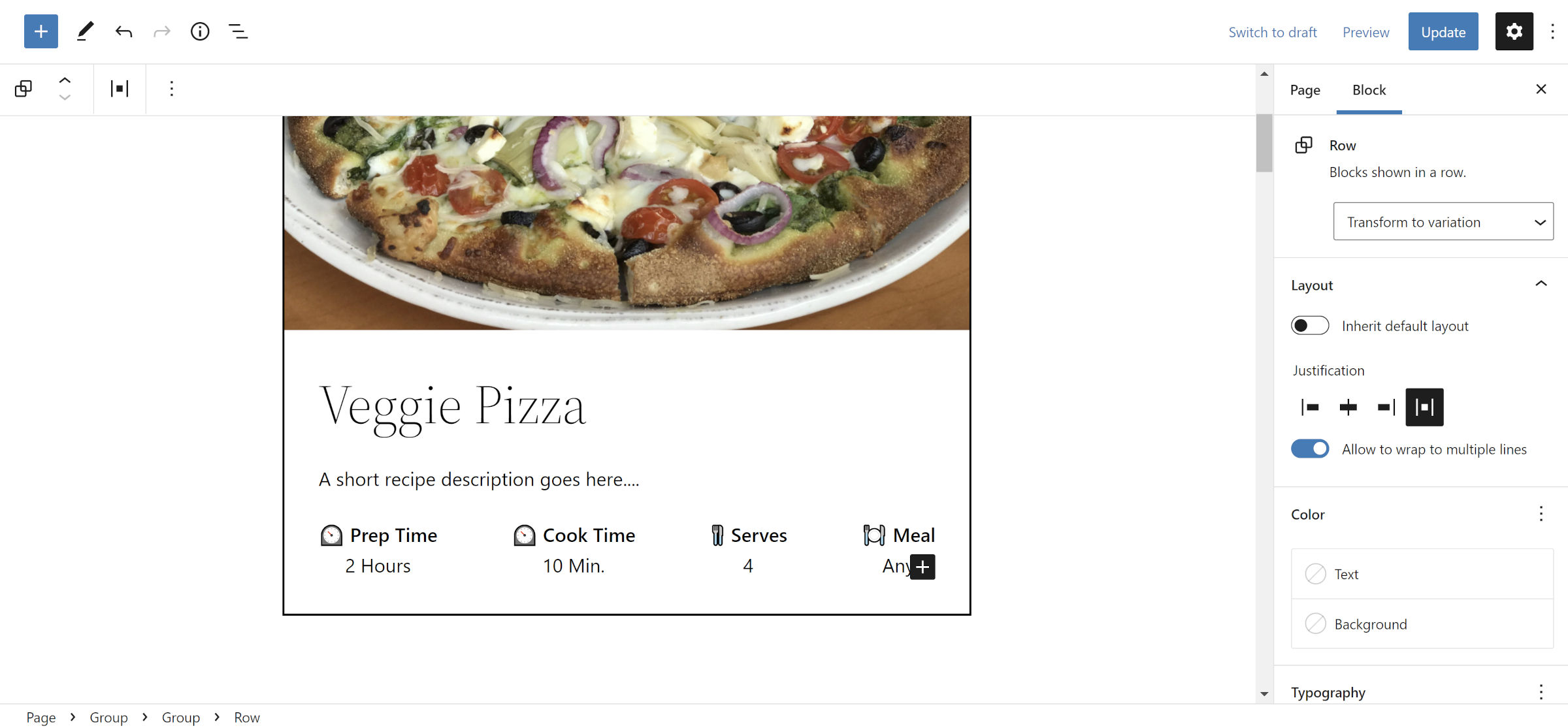 A recipe card in the WordPress editor. It has an image of pizza, followed by a title, description, and metadata.