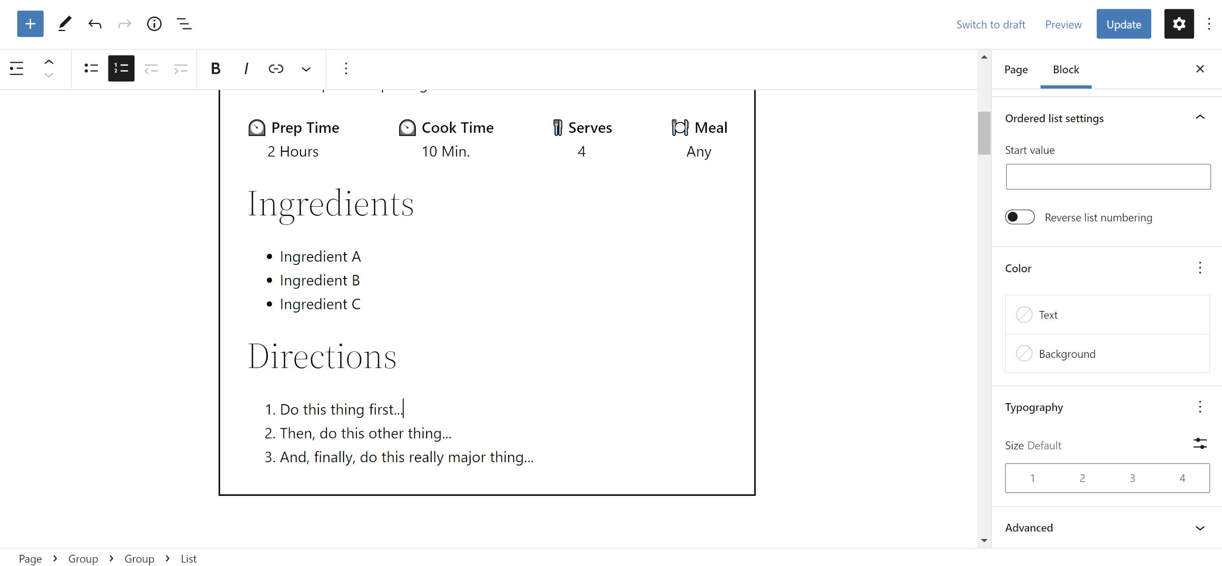 A recipe card in the WordPress editor. Shown is the metadata, followed by ingredients and directions lists.
