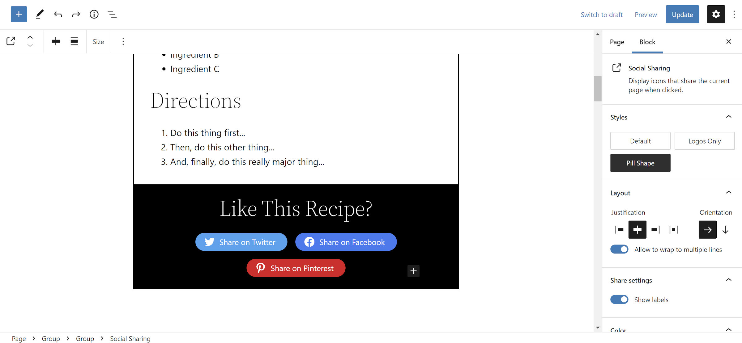 Recipe card in the WordPress editor. Shown ins the directions list, followed by a social sharing section.