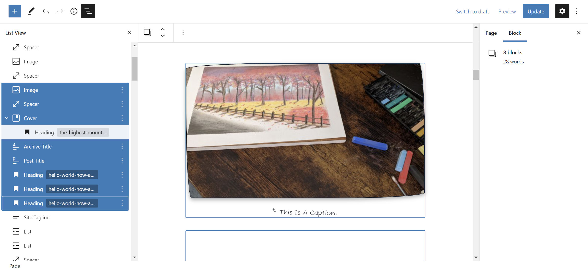 List view open in the post editor.  Multiple blocks are selected.