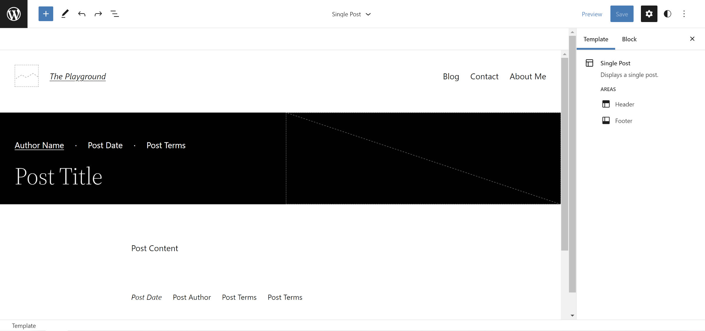 WordPress site editor showing the single post view with a split-screen header.