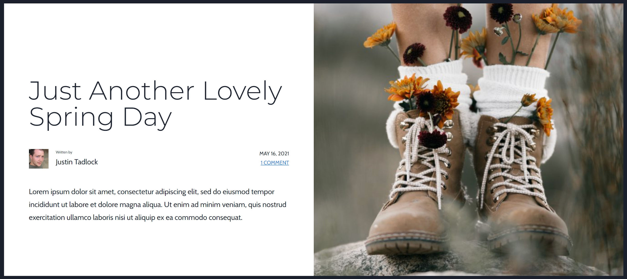 Single blog post with a featured image on the right and post title, author, date, comments link, and excerpt on the left.