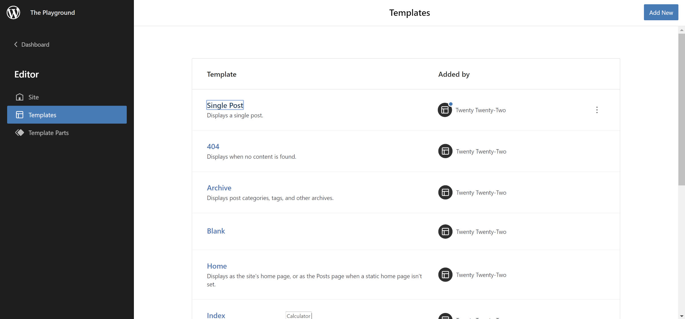 WordPress site editor with Templates screen open.  The Single Post option is selected.