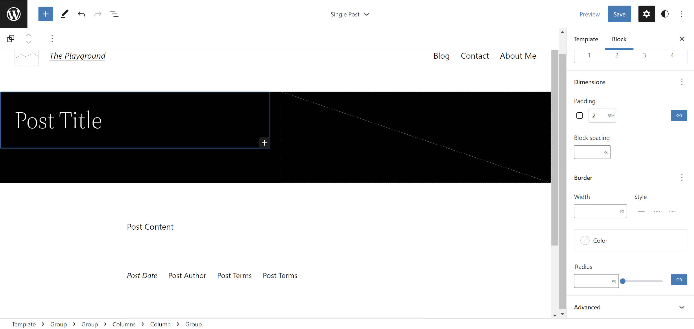 WordPress site editor with a Group block selected around the Post Title block.