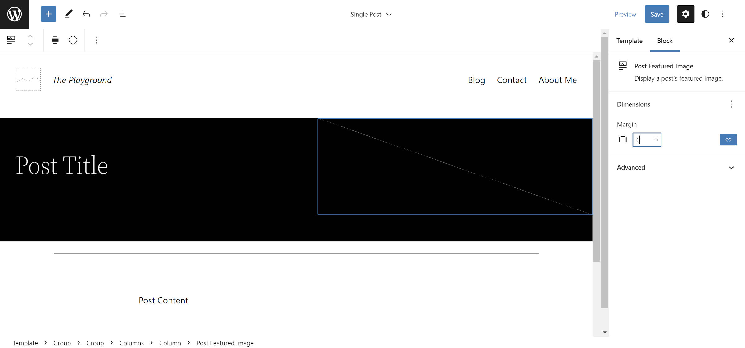 WordPress site editor with the Post Featured Image block selected.  In the design tools sidebar, the margin option is set to 0.