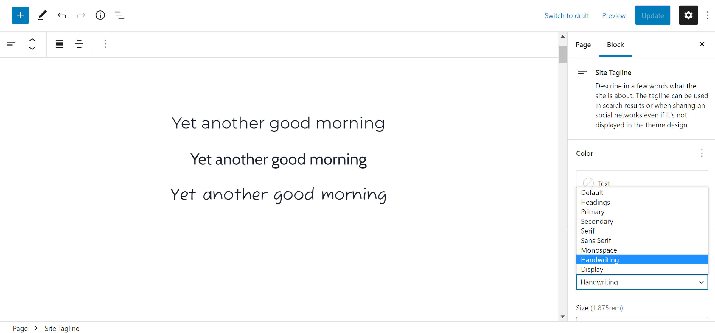 Three taglines repeated with the same words in the editor (demo text).  Each has a different font.