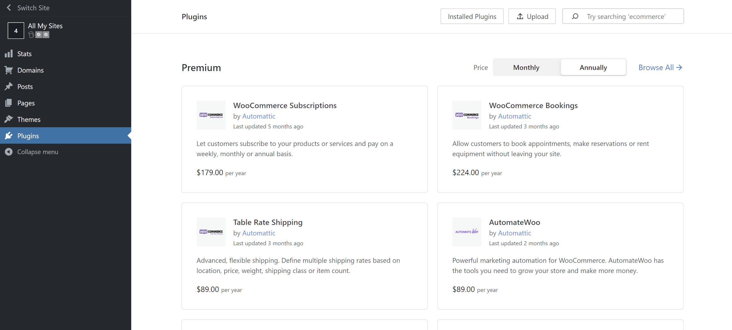 Plugins management screen on WordPress.com listing the premium options available for purchase.