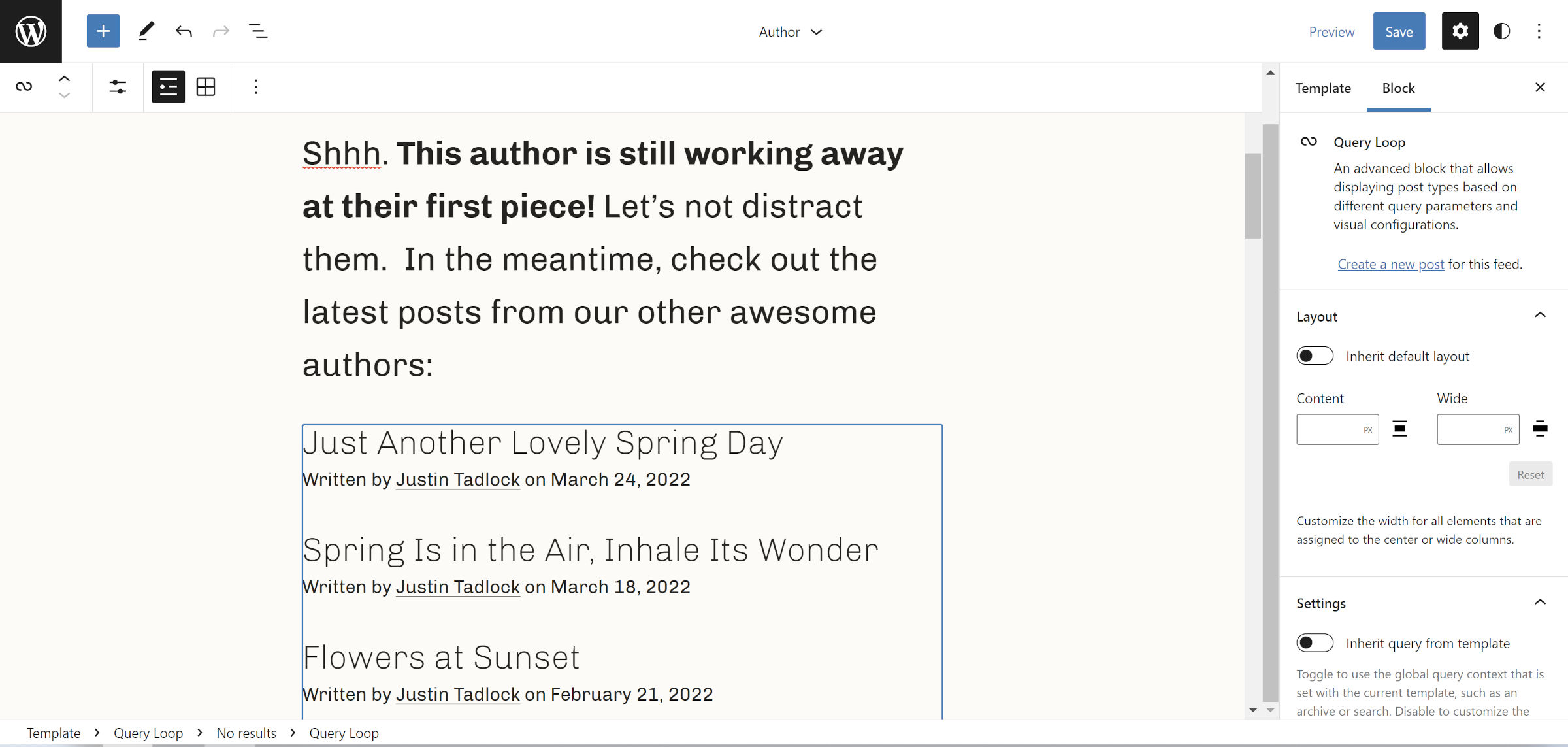No Results block inside of the Query Loop block with another Query Loop nested in the WordPress site editor.