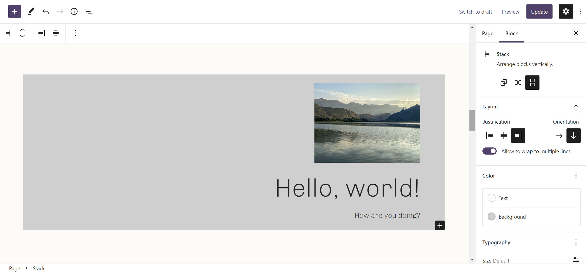 WordPress post editor. A Stack/Group block contains an Image, Heading, and Paragraph. They are aligned to the right of the container.