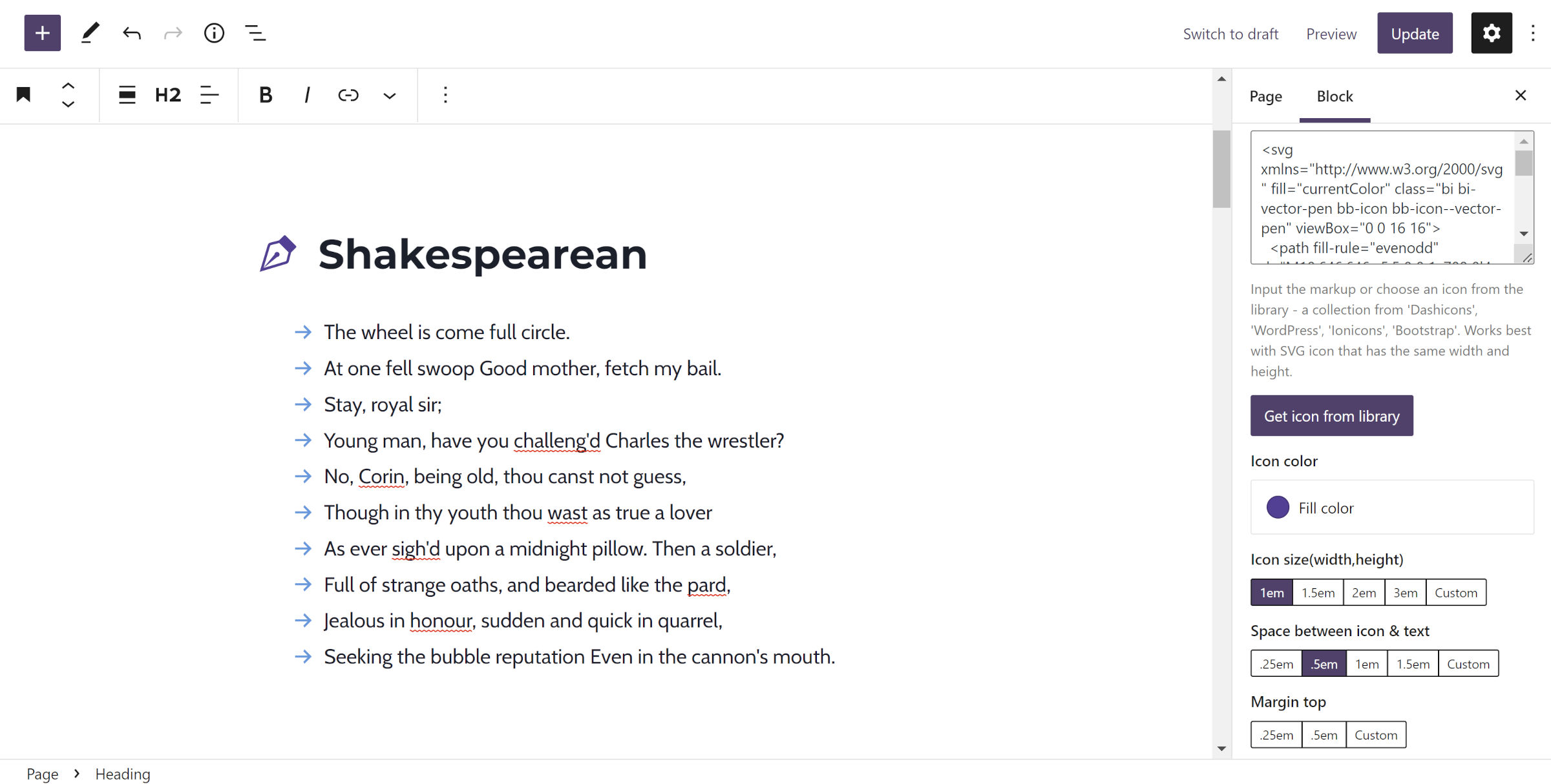WordPress post editor with a Heading and List block in the content canvas. Both have custom icons selected with different fill colors. The inspector panel shows a list of icon-related options.