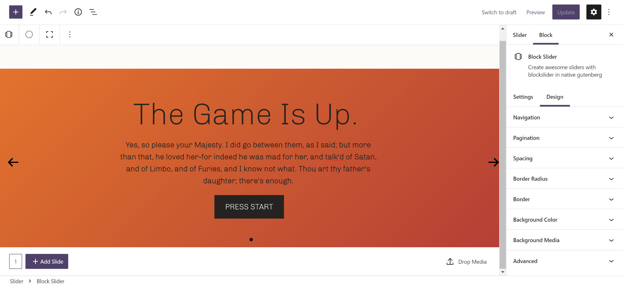 WordPress block editor with an interface for inserting slides into a slider.