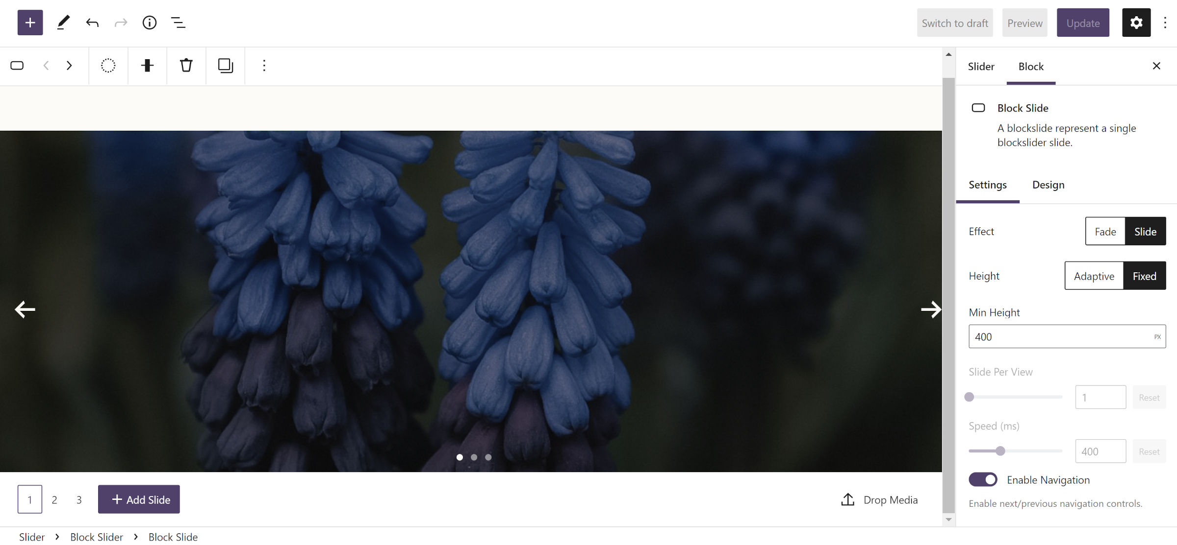 WordPress block editor with a Block Slider block that has multiple slides and buttons for navigating it at the bottom of the screen.