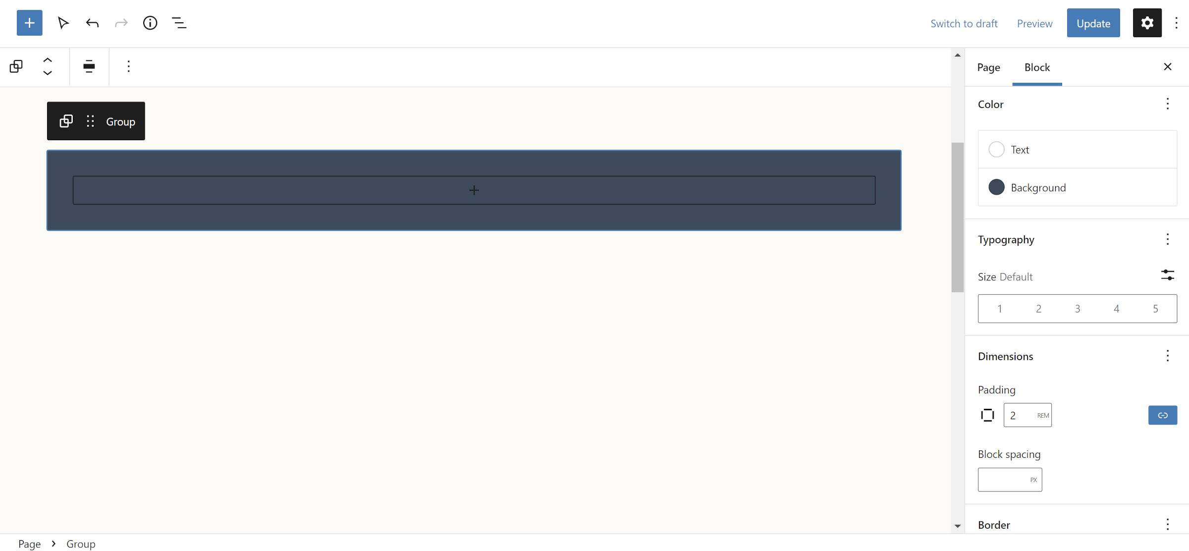 WordPress post editor with a Group block that is padded and has a dark blue background.