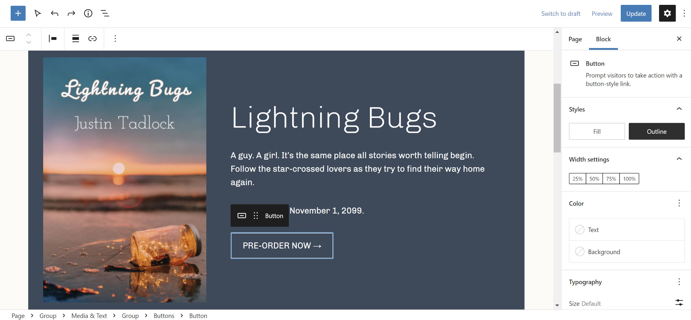 Media & Text block in the WordPress post editor.  Inside of the content section is a Heading, a couple of Paragraphs, and a Button.