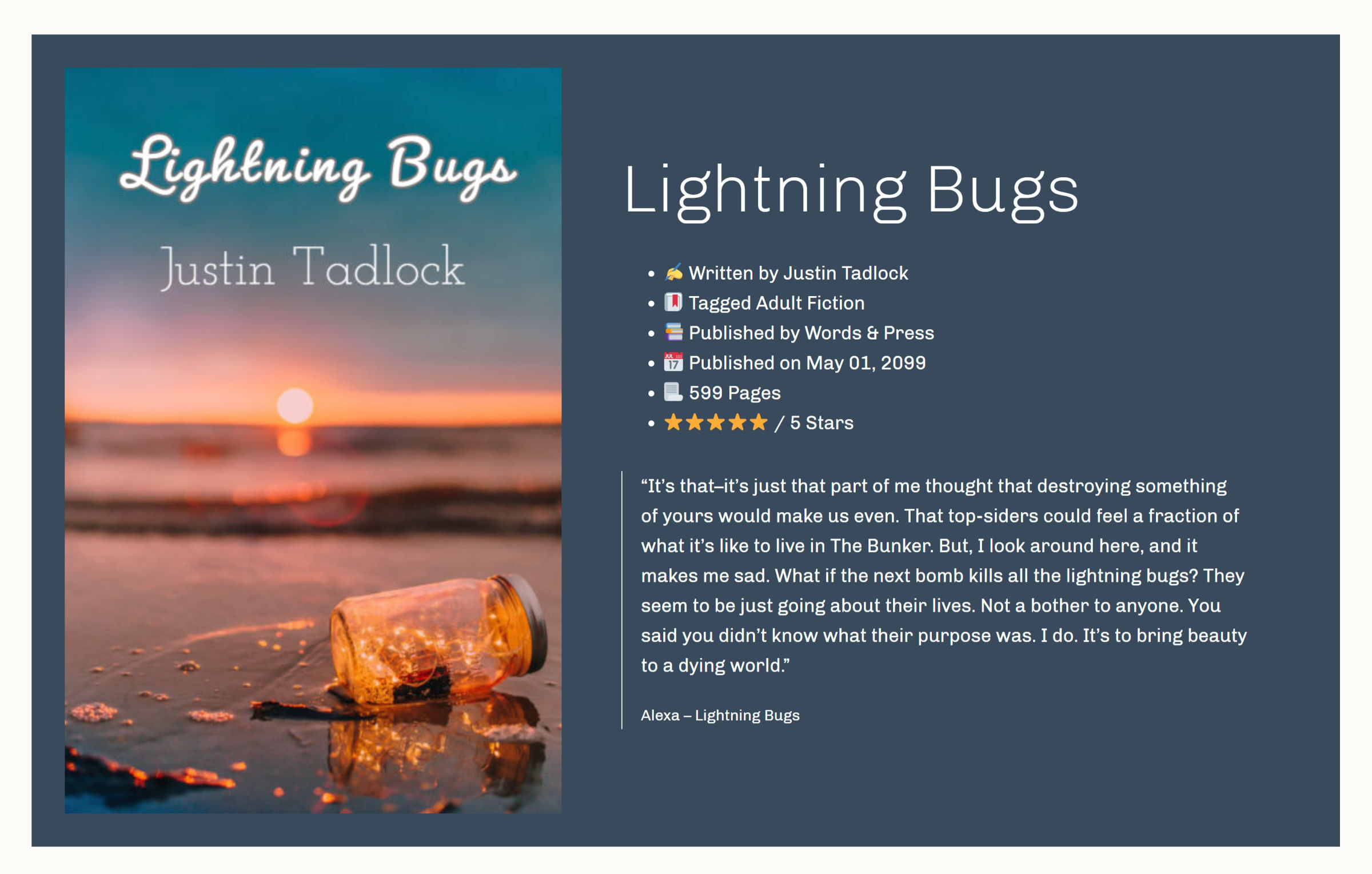 A book review section that includes the cover image on the left and the book details on the right, including a quote.