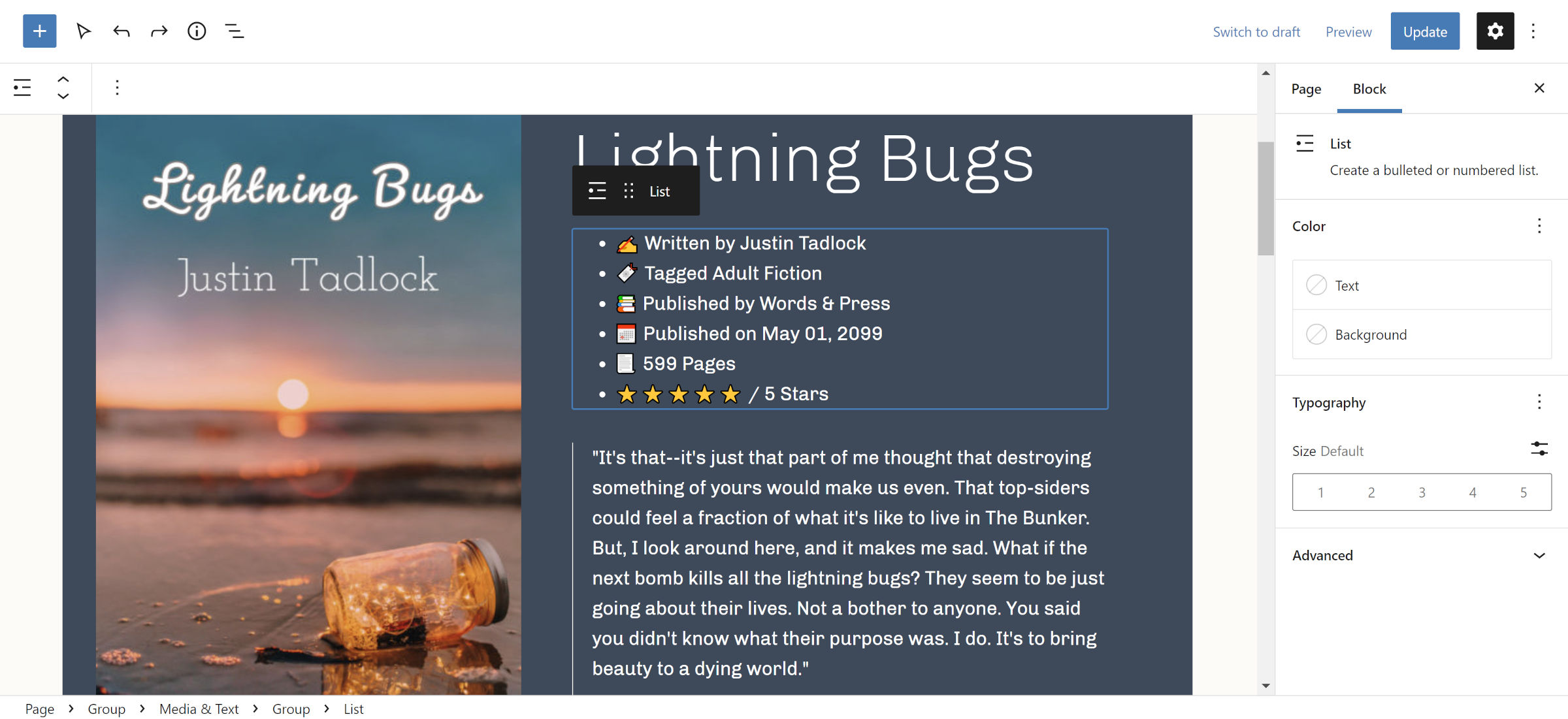 WordPress post editor with Media & Text block.  A Heading, List, and Quote are nested inside of its content area.
