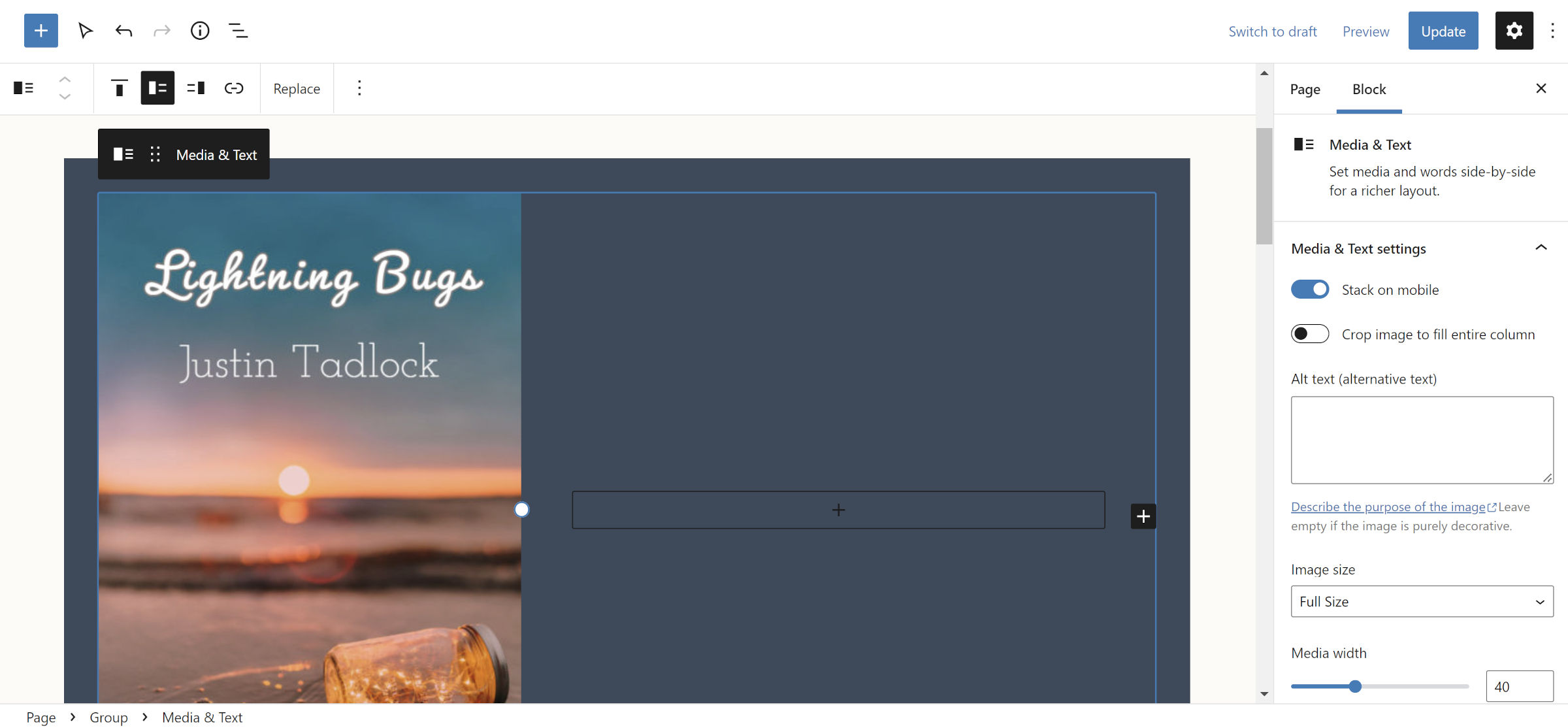 A Group block in the WordPress post editor.  A Media & Text block sits in it with its own nested Group block.