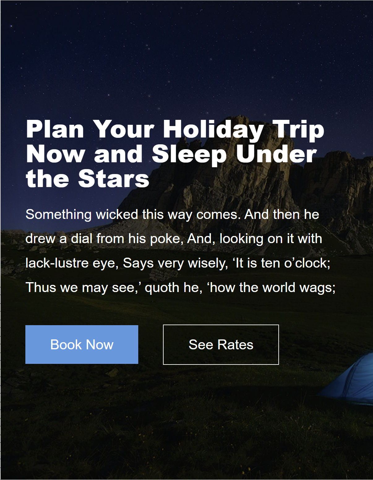 Mobile view of a nigh-sky desert with faux text for booking a camping trip.