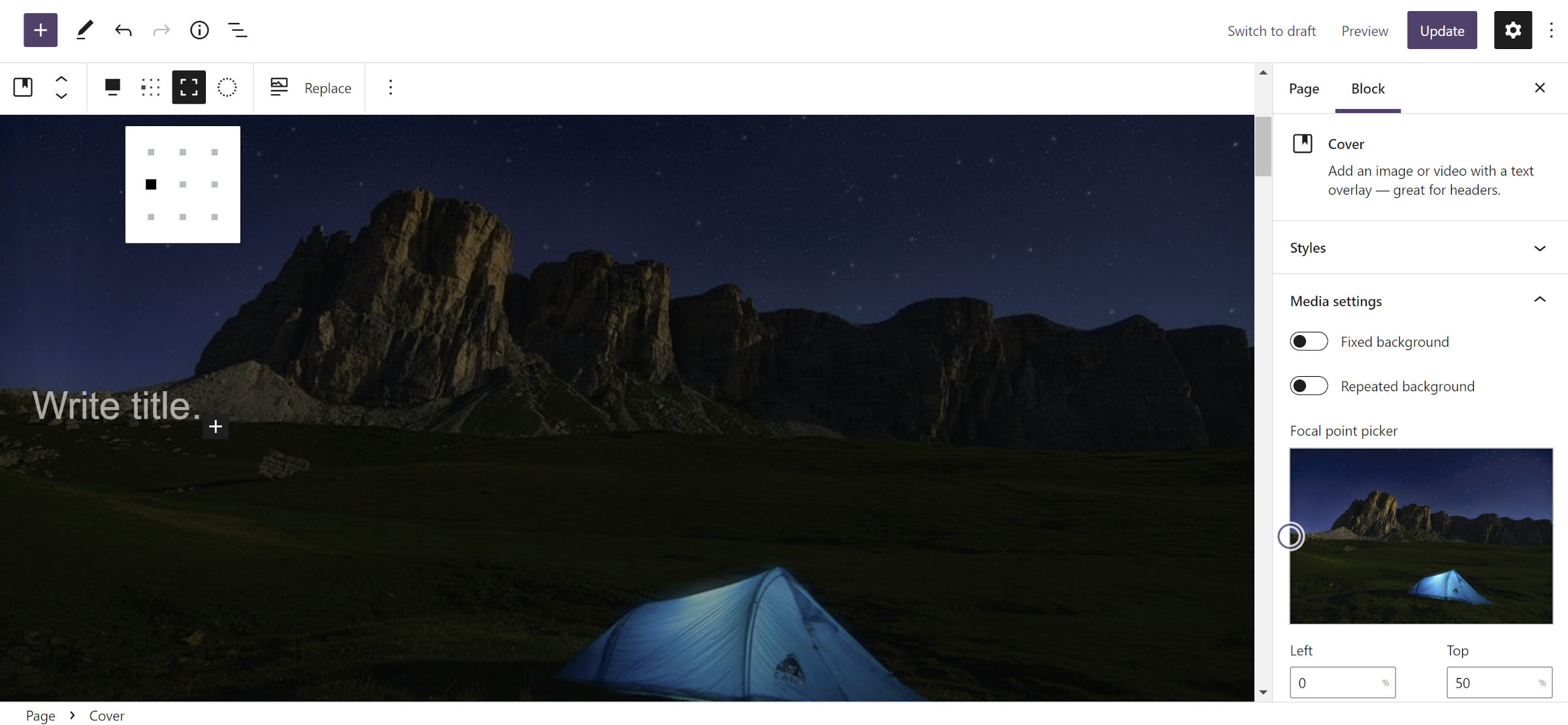 WordPress post editor with a cover block inserted into the content canvas. The alignment control is open in the toolbar.