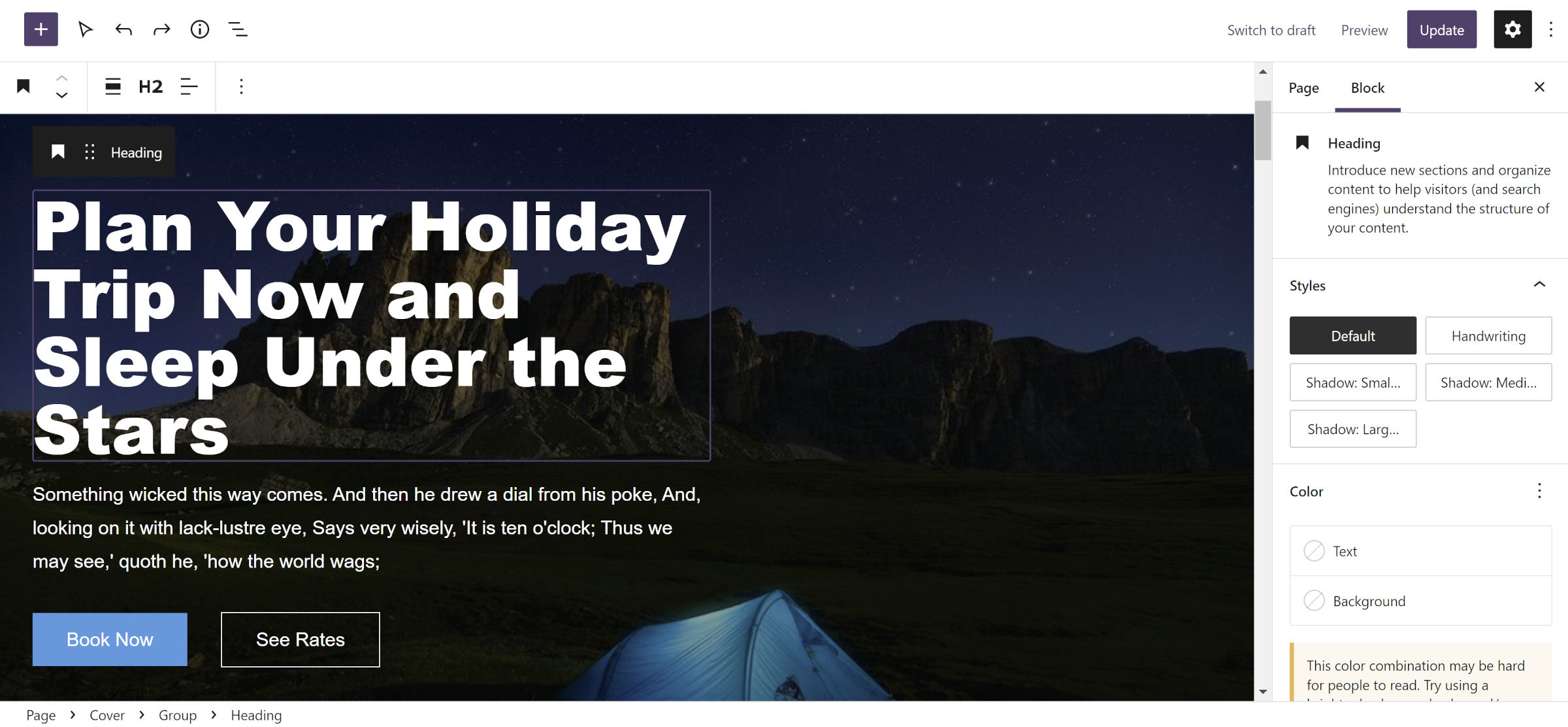 WordPress post editor with a left-aligned Heading, Paragraph, and Buttons block inside of a Group nested inside of a Container.