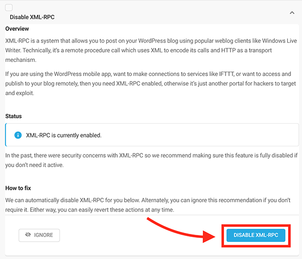 Where you disable XML-RPC