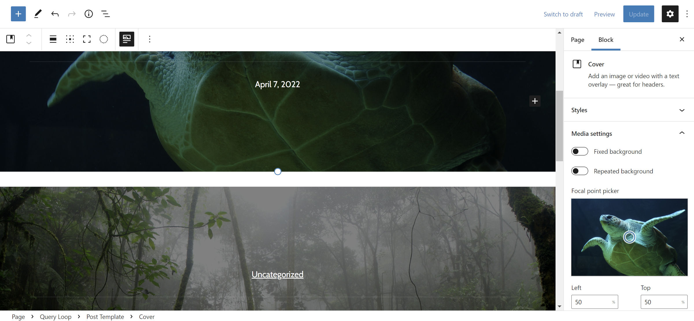 Query Loop block in the WordPress editor that shows the featured image for posts as the background of a Cover block.