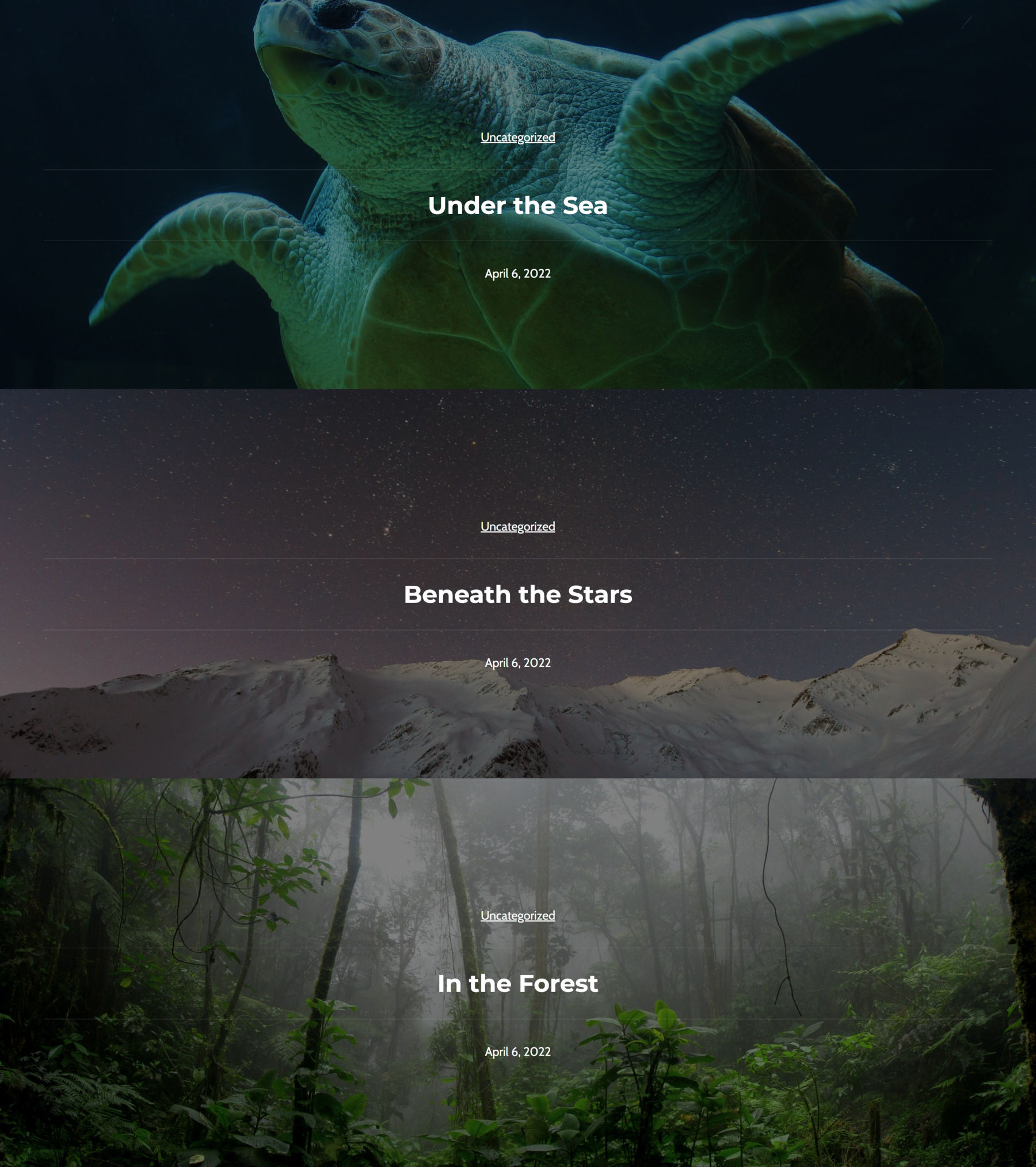 Three blog posts stacked atop one another, each with the featured image as the background.