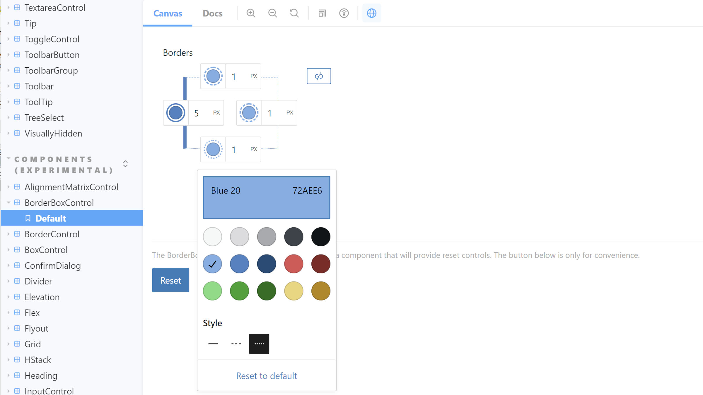 Storybook view of the Border Box Control. It shows a control with four sets of color and width settings for the top, right, bottom, and left borders.