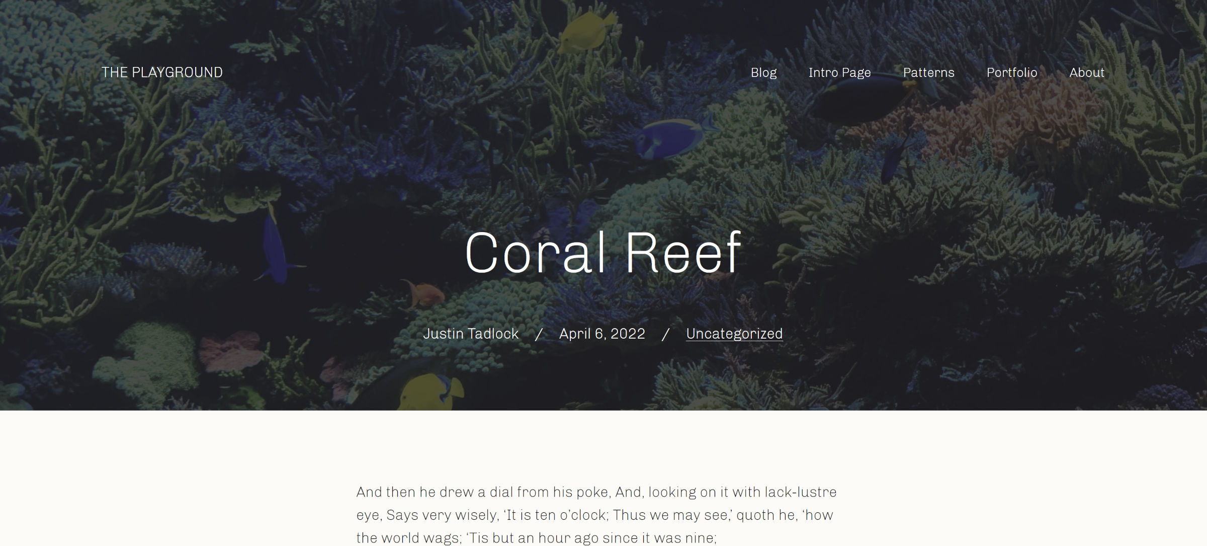 WordPress single post view on the front end. The site and post header have a background image behind them that stretches across the page.