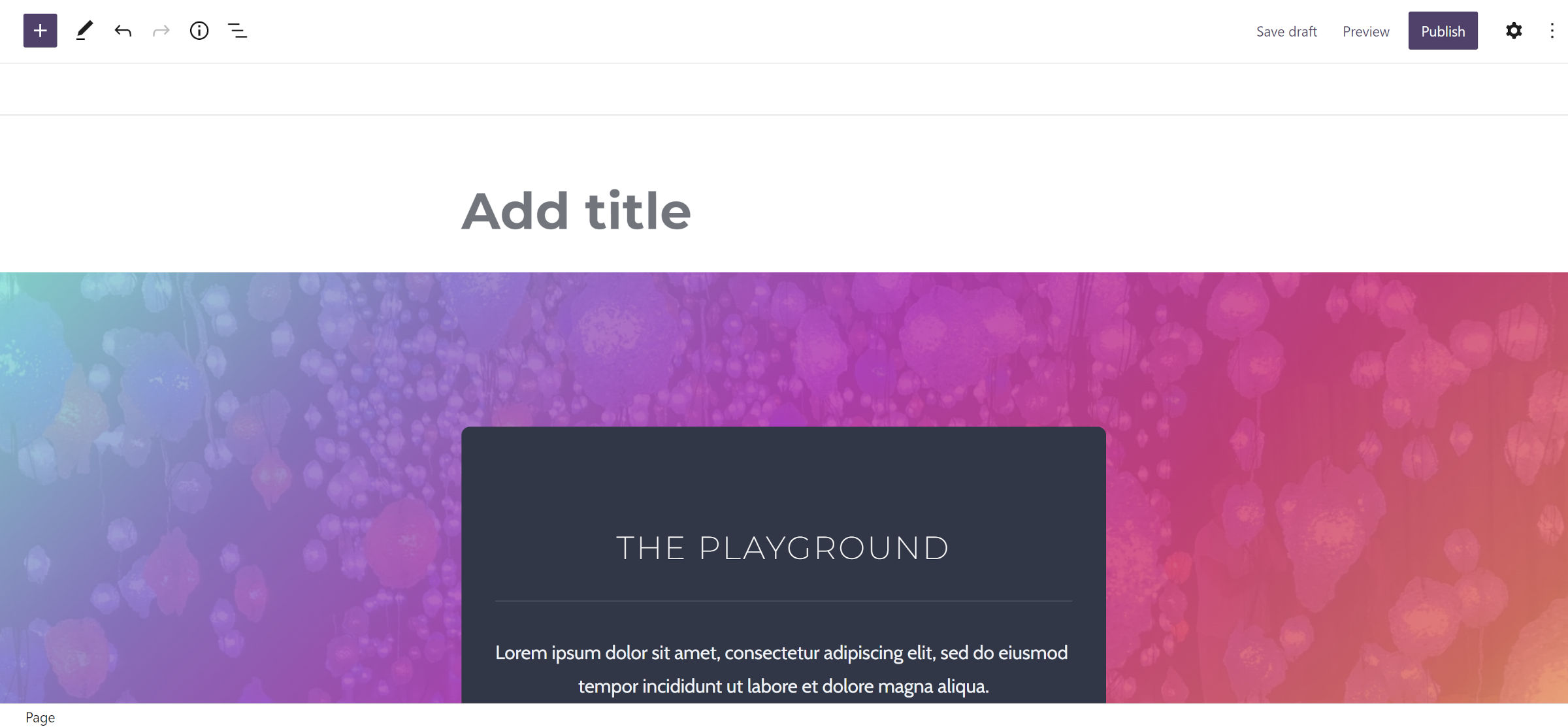 WordPress page editor with a full pattern inserted into the content canvas. It features a colorful background and a centered section for profile content.