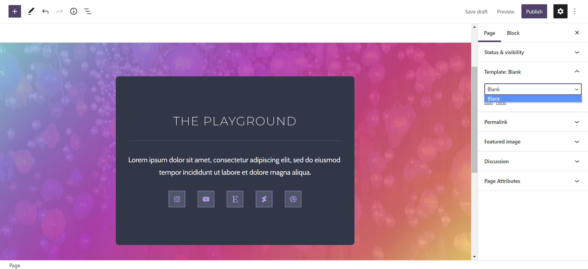 WordPress page editor. The page sidebar panel highlights the template section. A Blank template is selected.
