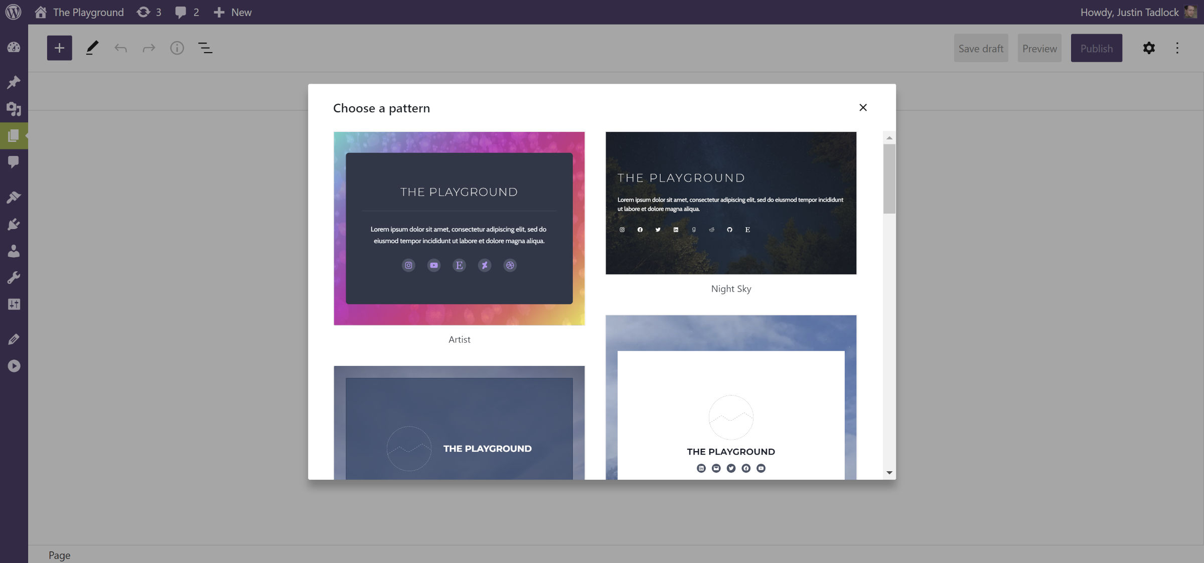 WordPress add new page screen. There is an overlay modal with a 2x2 grid of content patterns from the theme.