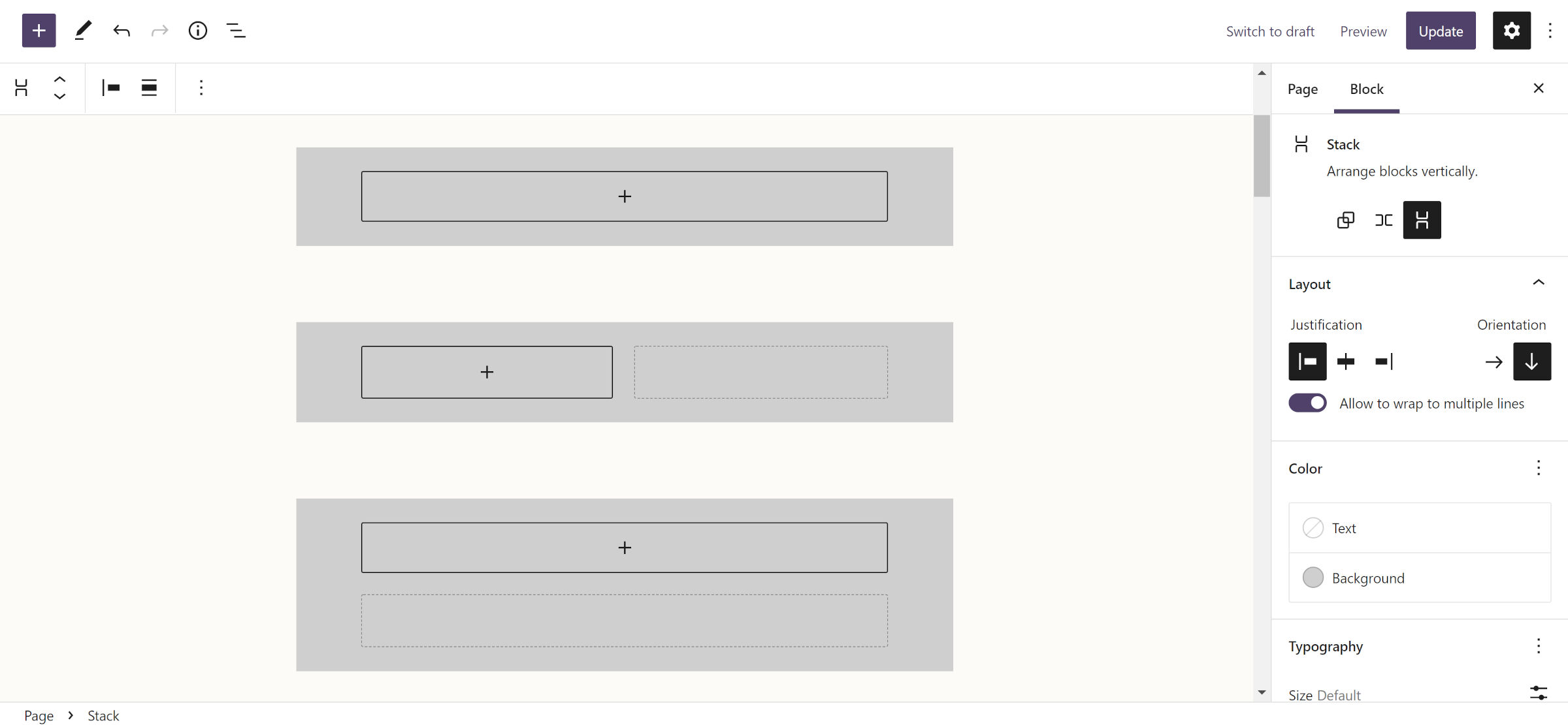 WordPress post editor with three Group blocks. The first is the default. The second is the Row variation. The third is a stacked variation.
