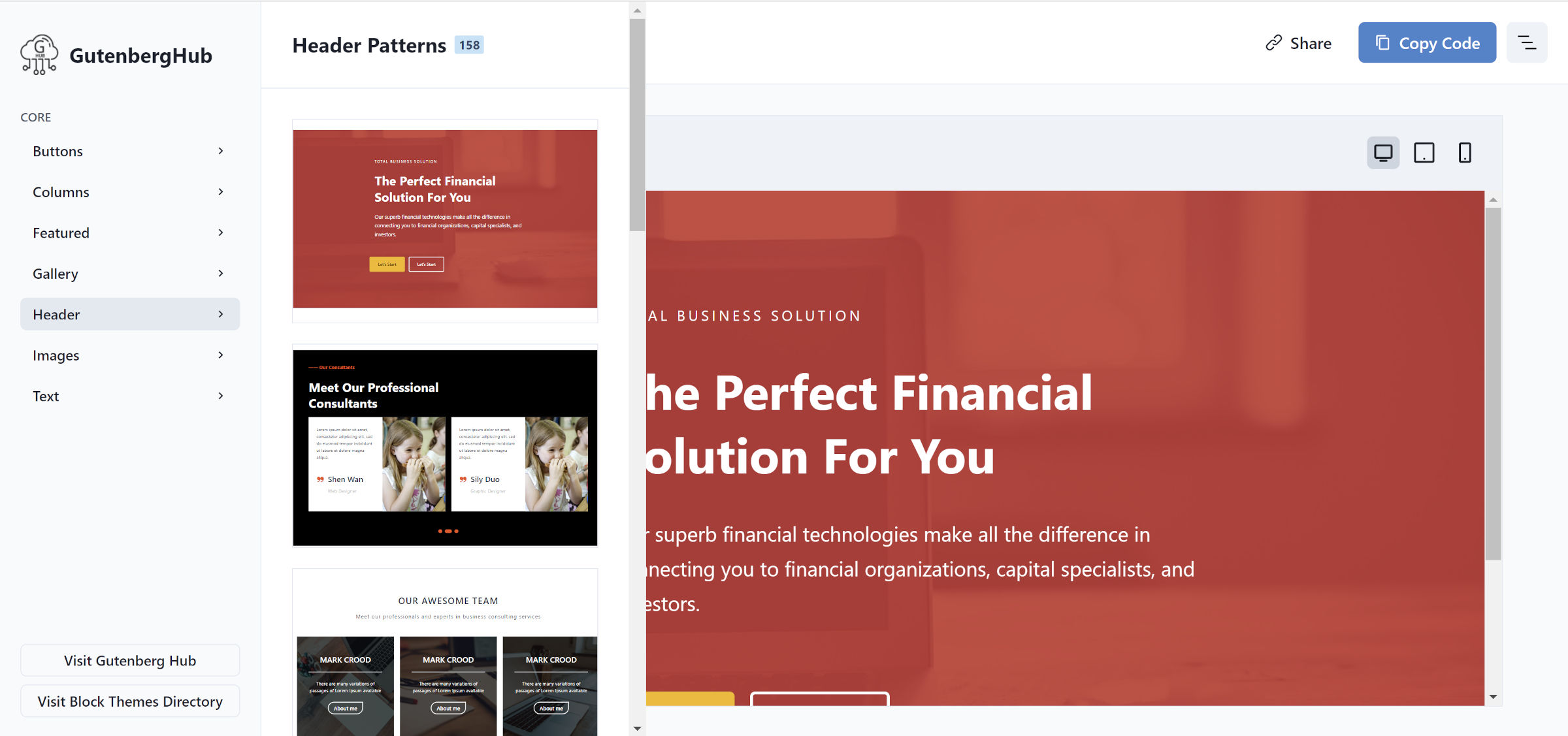 Website with a content canvas and WordPress block pattern in it. On the side is a list of pattern categories with an inspector open, displaying multiple pattern options.