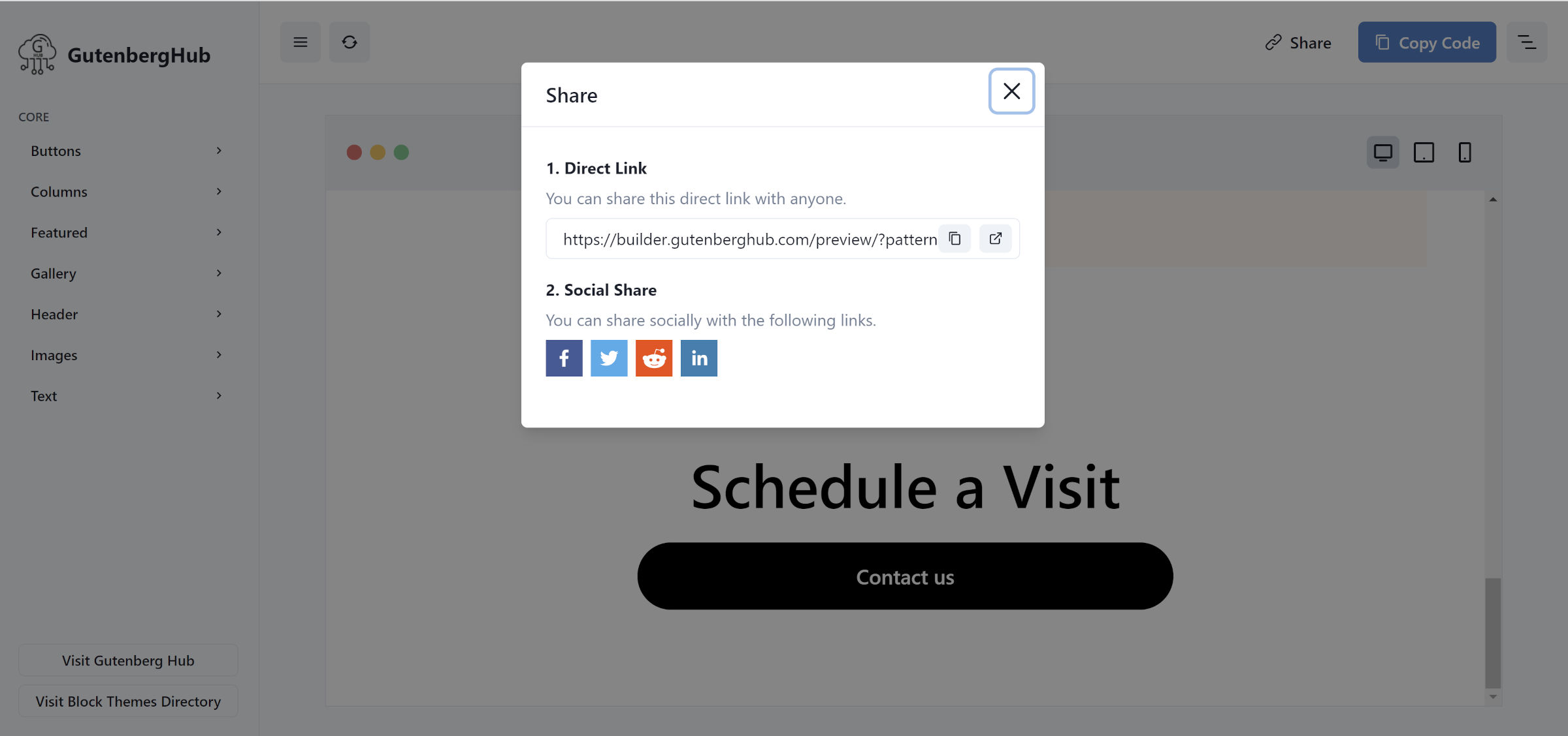 Builder app with an overlay for sharing both a direct link and selecting among multiple social networks.