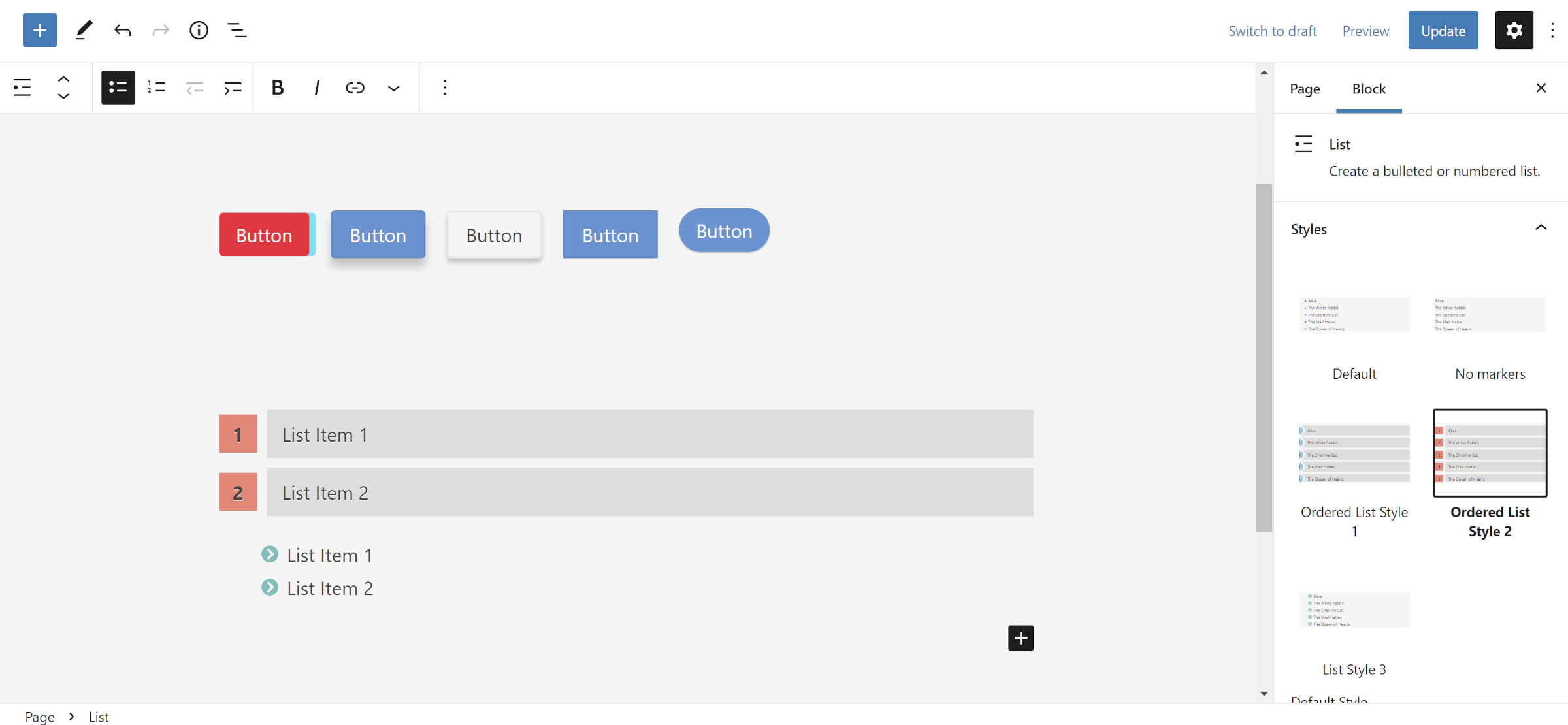WordPress post editor with a row of Button blocks with different styles. Below, sits two List blocks with different designs.