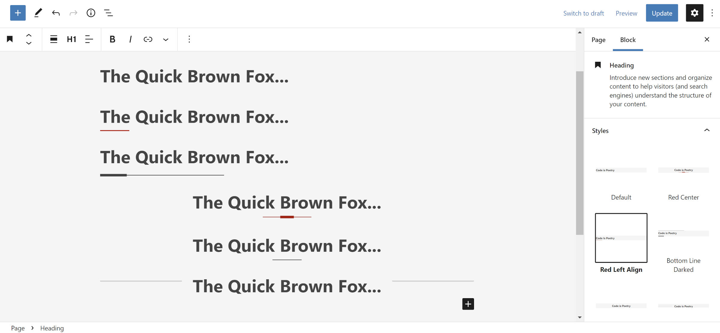 WordPress post editor with six Heading blocks. Each has a different design.