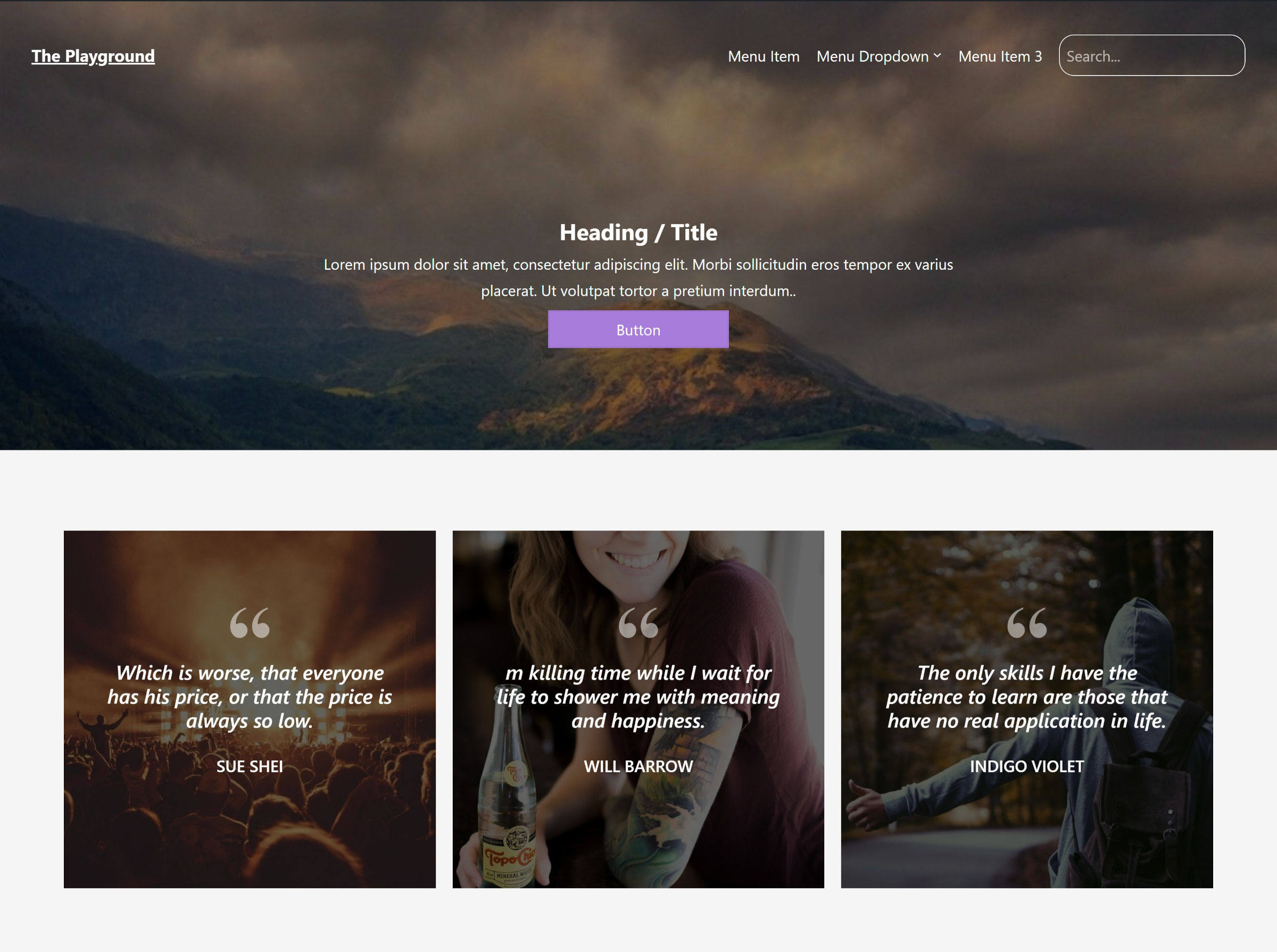 A WordPress site homepage with a large hero header and three quote boxes following it.
